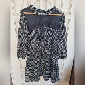 Forever 21 Lined Dress SzL Black Sheer Yoke Elastic Waist 3/4Sleeve Flare Skirt